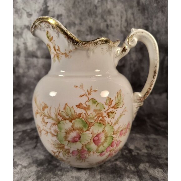 Antique Maddocks Lamberton Works Floral Ceramic Cream Pitcher With Gold Accents - Picture 1 of 6
